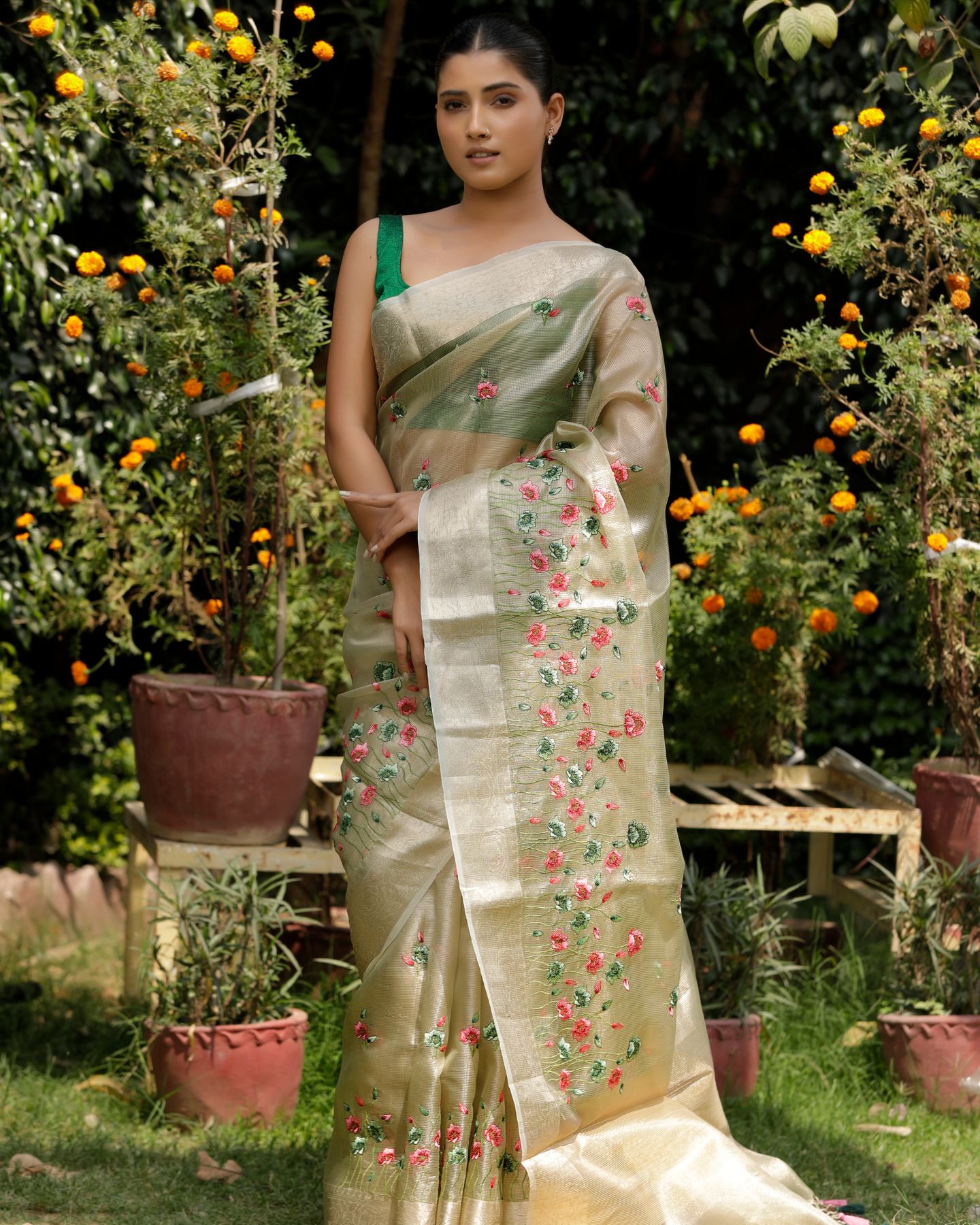 Asmi - Pista Green Pure Banarasi Kota Tissue Silk Saree
