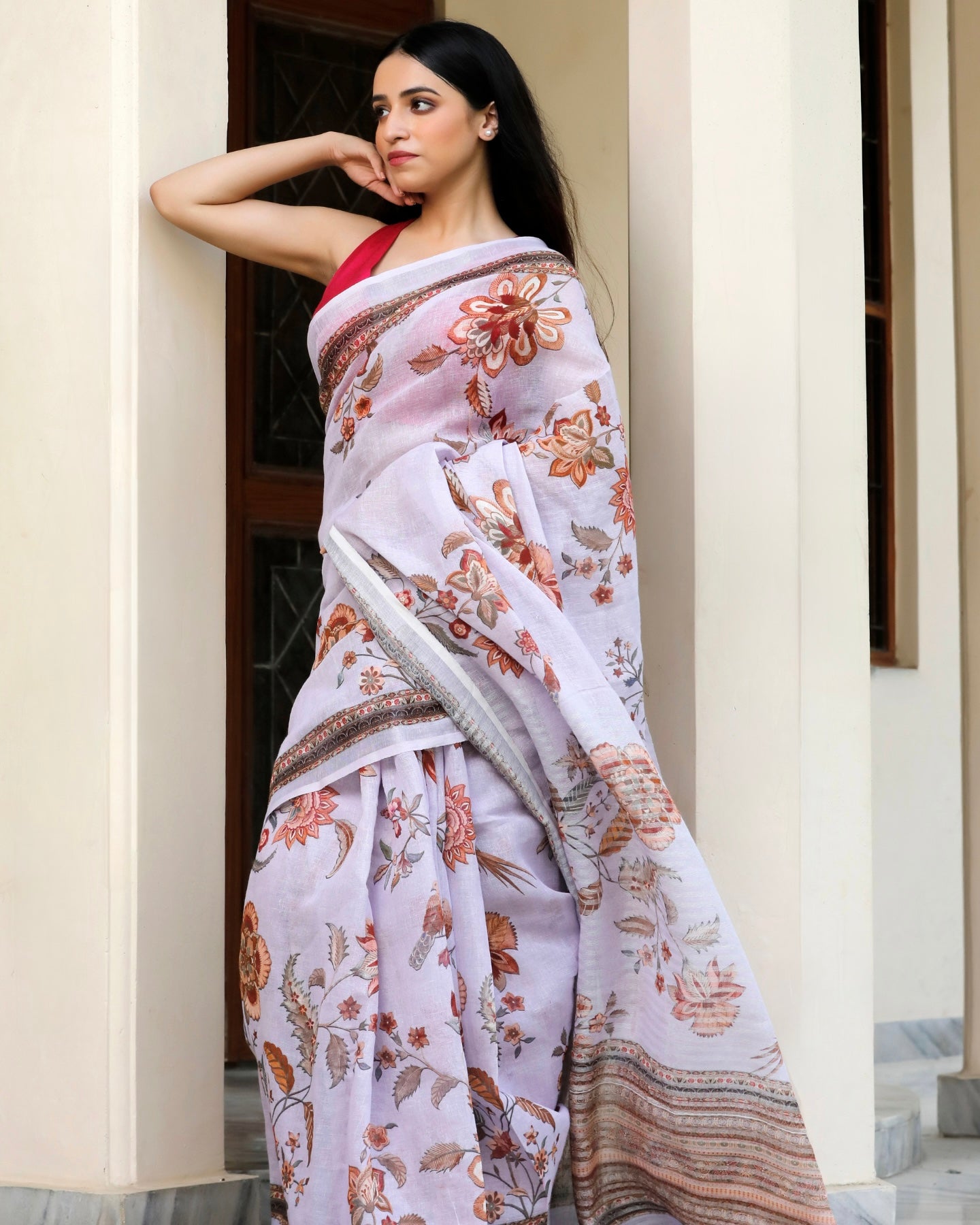 Lavender - Floral Linen Saree in Soft Pastels