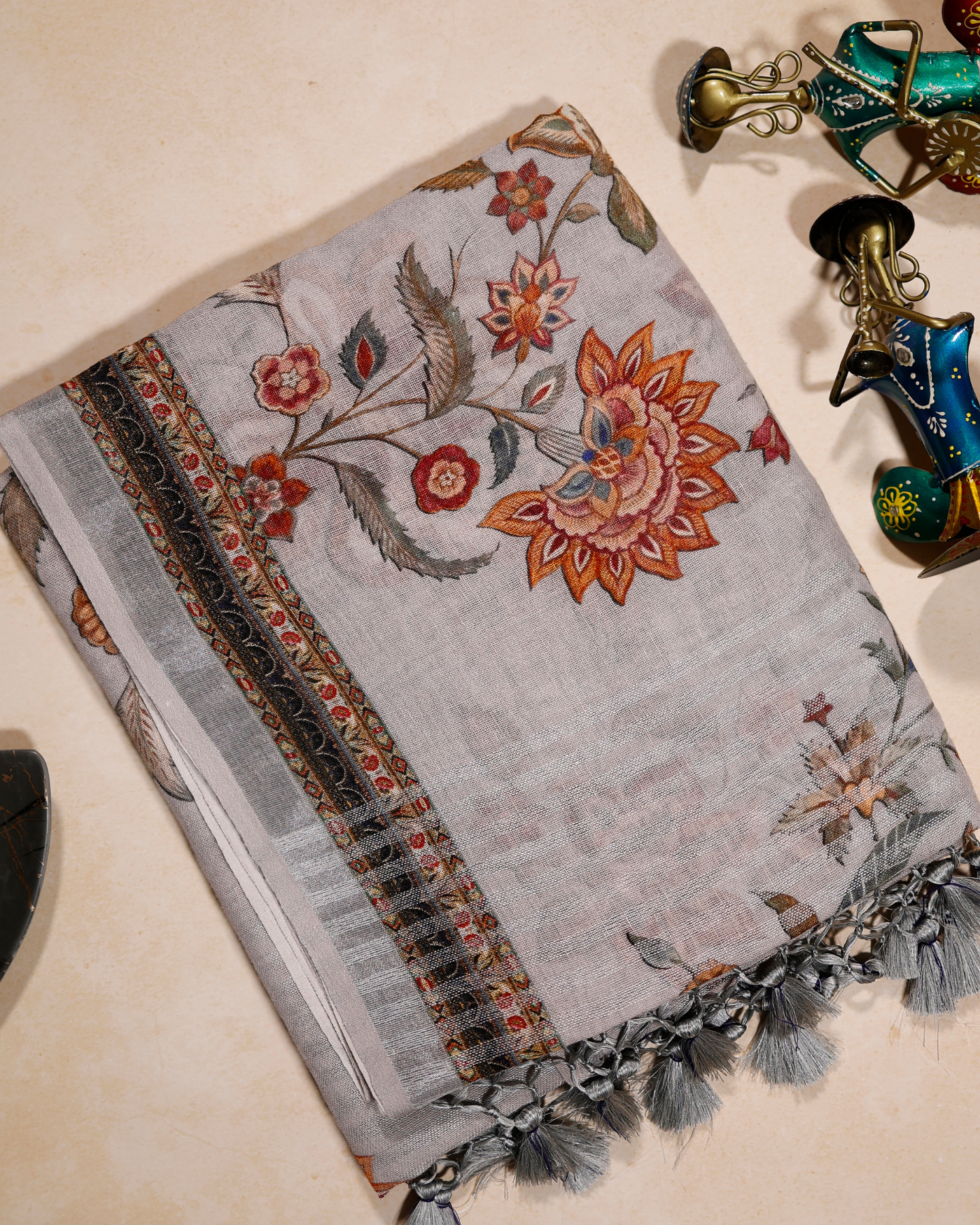 Gray - Floral Linen Saree in Soft Pastels