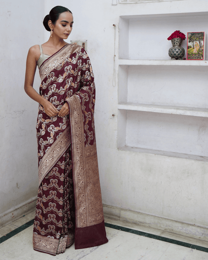 Sanakriti - Cola Brown Pure Banarasi Katan Silk Saree with Peacock Motifs