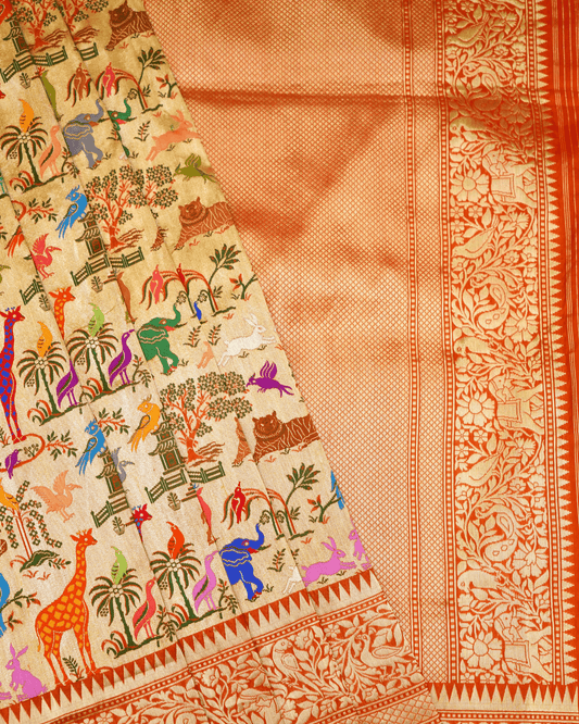 Baagh Baithak - Rust Gold Pure Banarasi Shikargah Katan Silk Handwoven Saree