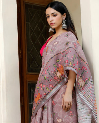 Muted Mauve - Pichwai Art Linen Saree in Earthy Tones