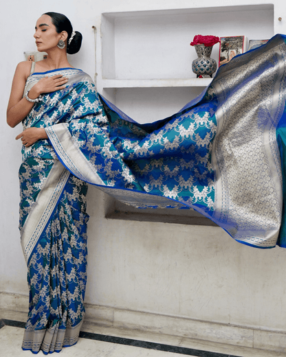 Shreeya - Dhoop-Chao Blue Green Pure Banarasi Katan Silk Saree