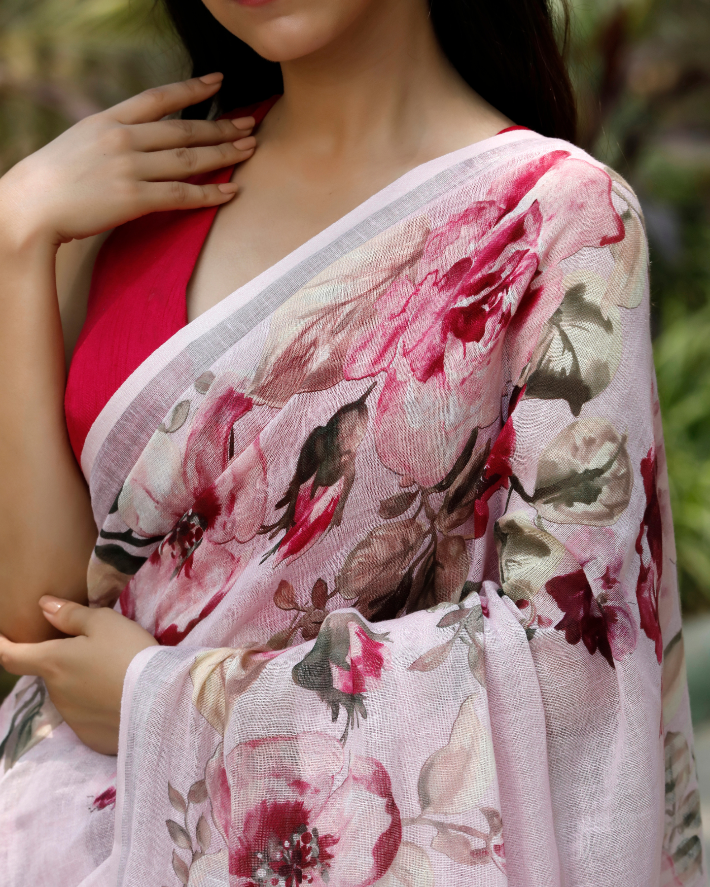 Baby Pink - Pastel Floral Linen Saree
