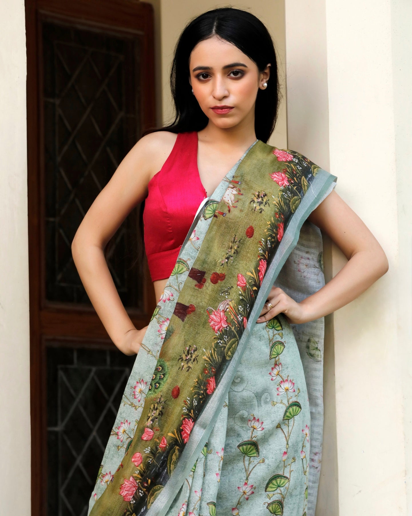 Sky Blue Pichwai Floral Linen Saree
