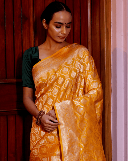 Anushka - Marigold Yellow Pure Banarasi Katan Silk Saree