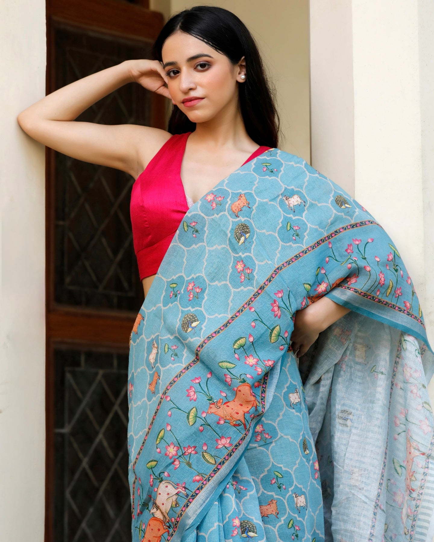 Sky Blue- Pichwai Art Linen Saree in Earthy Tones