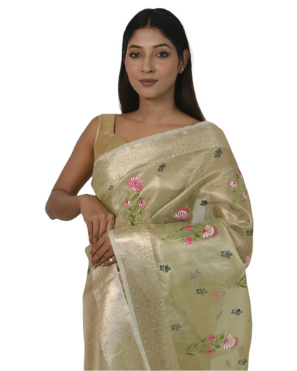 Aarna - Pista green Banarasi Kota Tissue Silk Saree