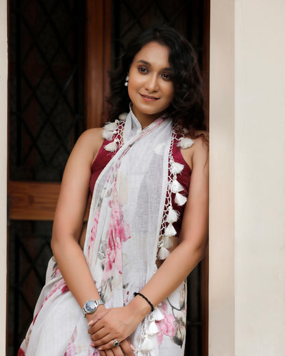 White - Pastel Floral Linen Saree