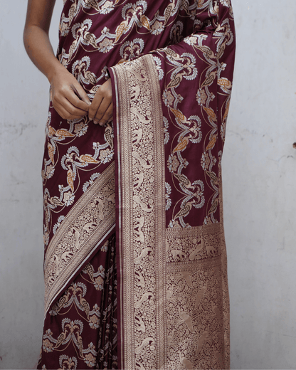 Sanakriti - Cola Brown Pure Banarasi Katan Silk Saree with Peacock Motifs