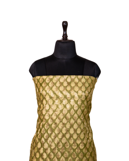 Mehendi Green Banarasi Chiniya Silk 3-Piece Suit Set with digital Print