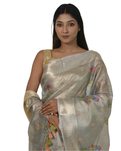 Aarna - Smokey blue Kota Tissue Silk Saree