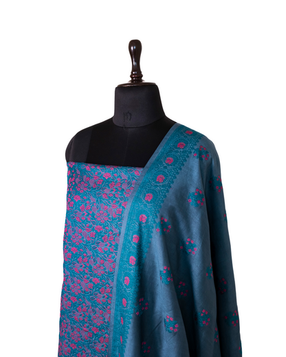 English Blue Banarasi Chiniya Silk 3-Piece Suit Set with Jaamdani weaving