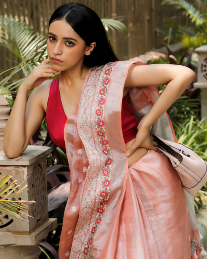 Peach Linen-Tissue Saree with Floral Embroidery