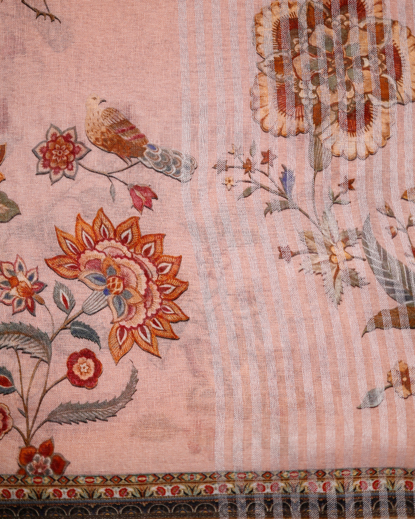 Peach - Floral Linen Saree in Soft Pastels