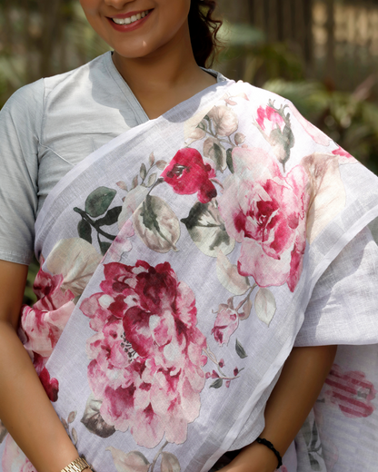 Lavender - Pastel Floral Linen Saree