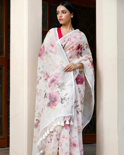 White - Honeycomb Floral Linen Saree