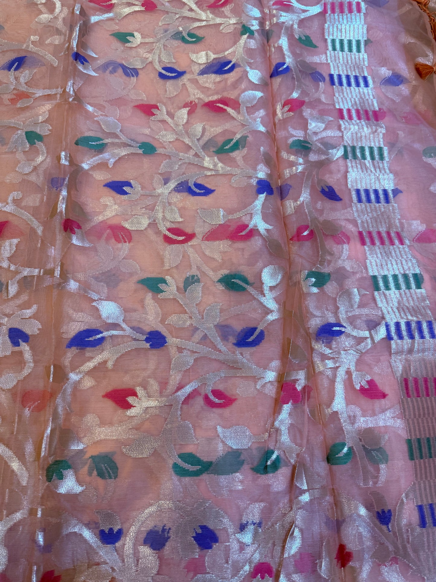 Peach Banarasi Organza Silk Jaal Weaving Saree