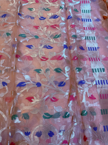 Peach Banarasi Organza Silk Jaal Weaving Saree