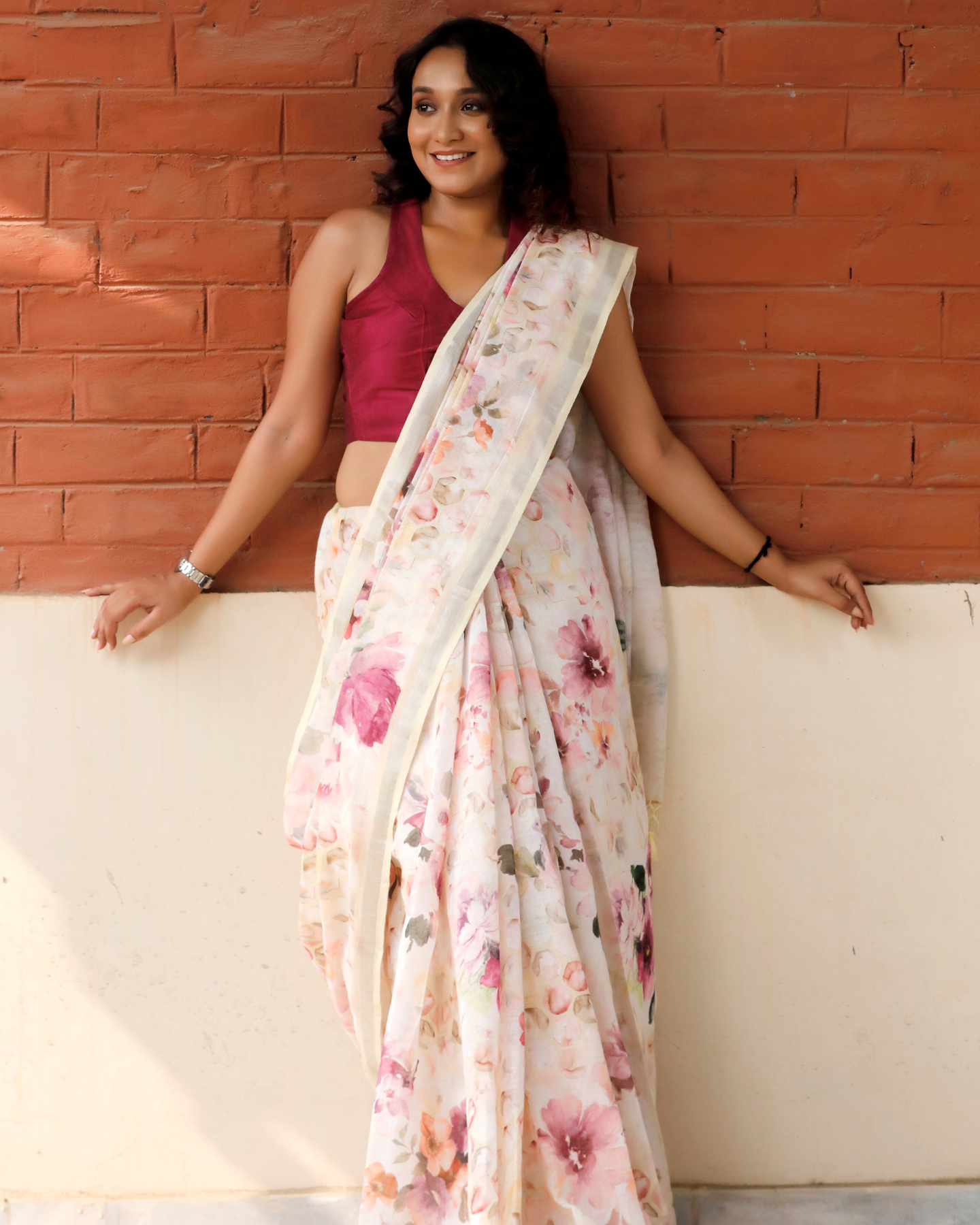 Light Yellow- Honeycomb Floral Linen Saree