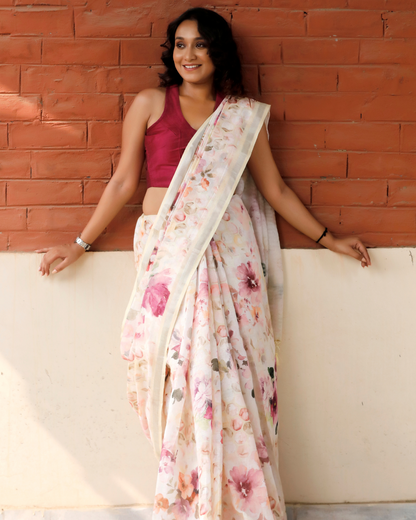 Light Yellow- Honeycomb Floral Linen Saree