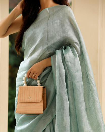 Aqua Blue Linen - Tissue Saree