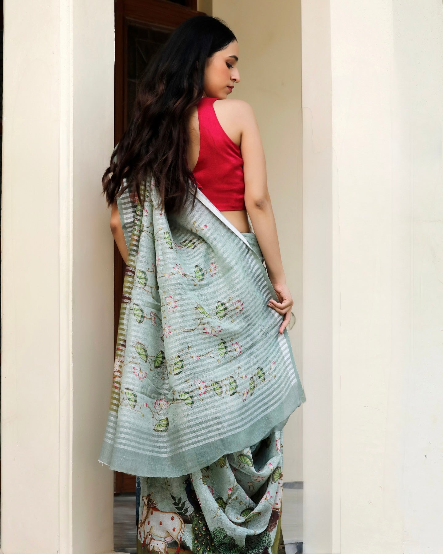 Sky Blue Pichwai Floral Linen Saree