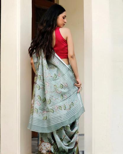Sky Blue Pichwai Floral Linen Saree