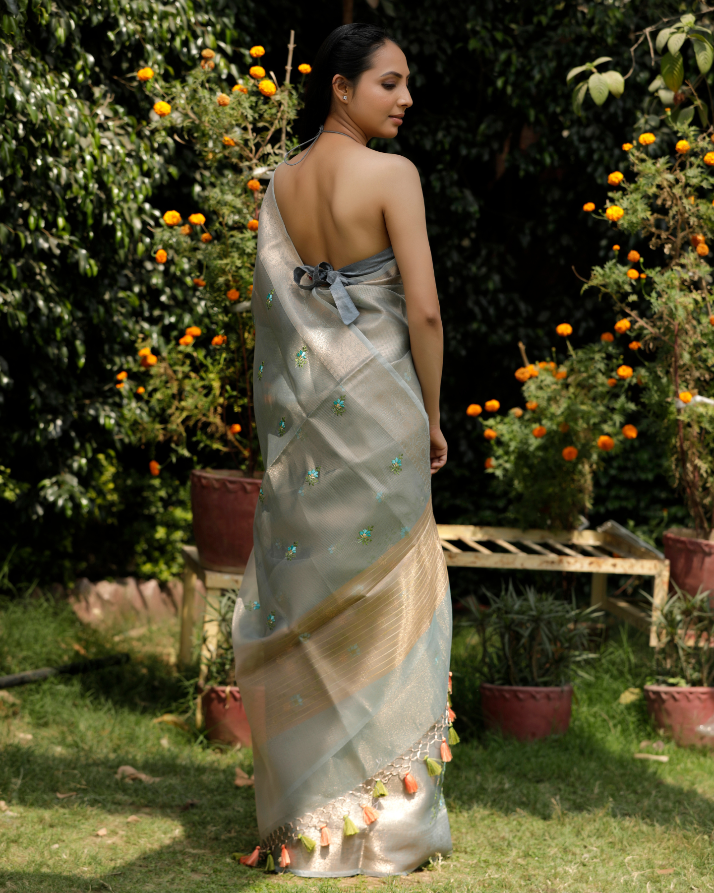 Advika - Ice Blue Pure Banarasi Kota Tissue Silk Saree
