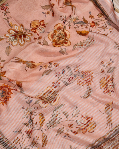 Peach - Floral Linen Saree in Soft Pastels
