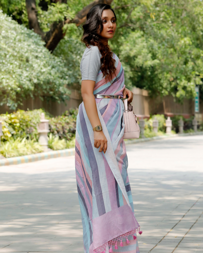 Multicolour Striped Linen Saree