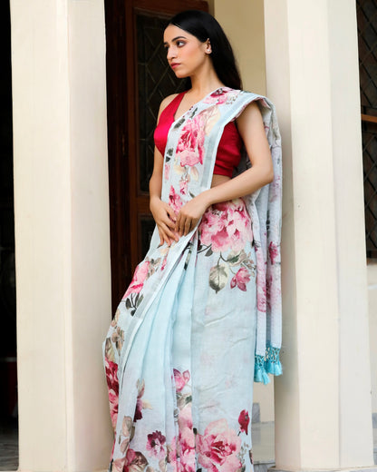 Sky Blue - Pastel Floral Linen Saree