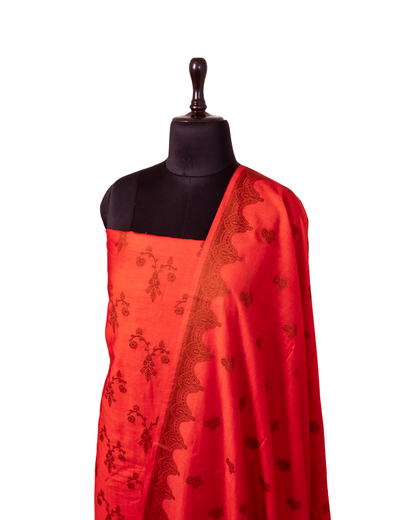 Red Banarasi Chiniya Silk 3-Piece Suit Set with Resham Weaving