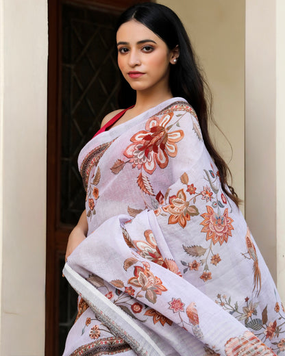 Lavender - Floral Linen Saree in Soft Pastels