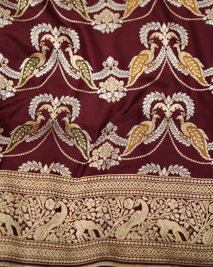 Sanakriti - Cola Brown Pure Banarasi Katan Silk Saree with Peacock Motifs