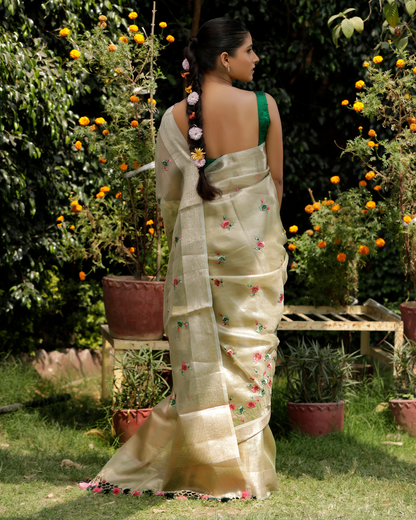Asmi - Pista Green Pure Banarasi Kota Tissue Silk Saree