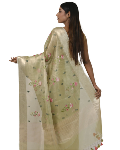 Aarna - Pista green Banarasi Kota Tissue Silk Saree