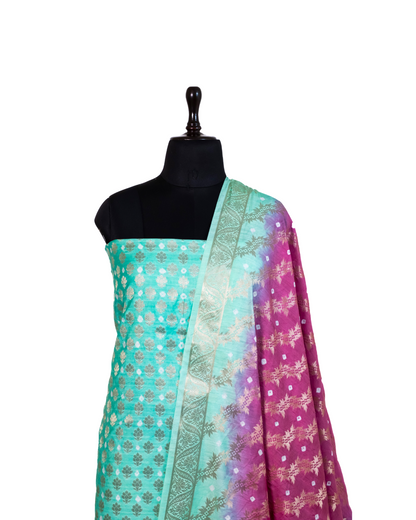 Aqua Blue Banarasi Chiniya Silk 3-Piece Suit Set with Bandhej print and Ombre Shaded dupatta