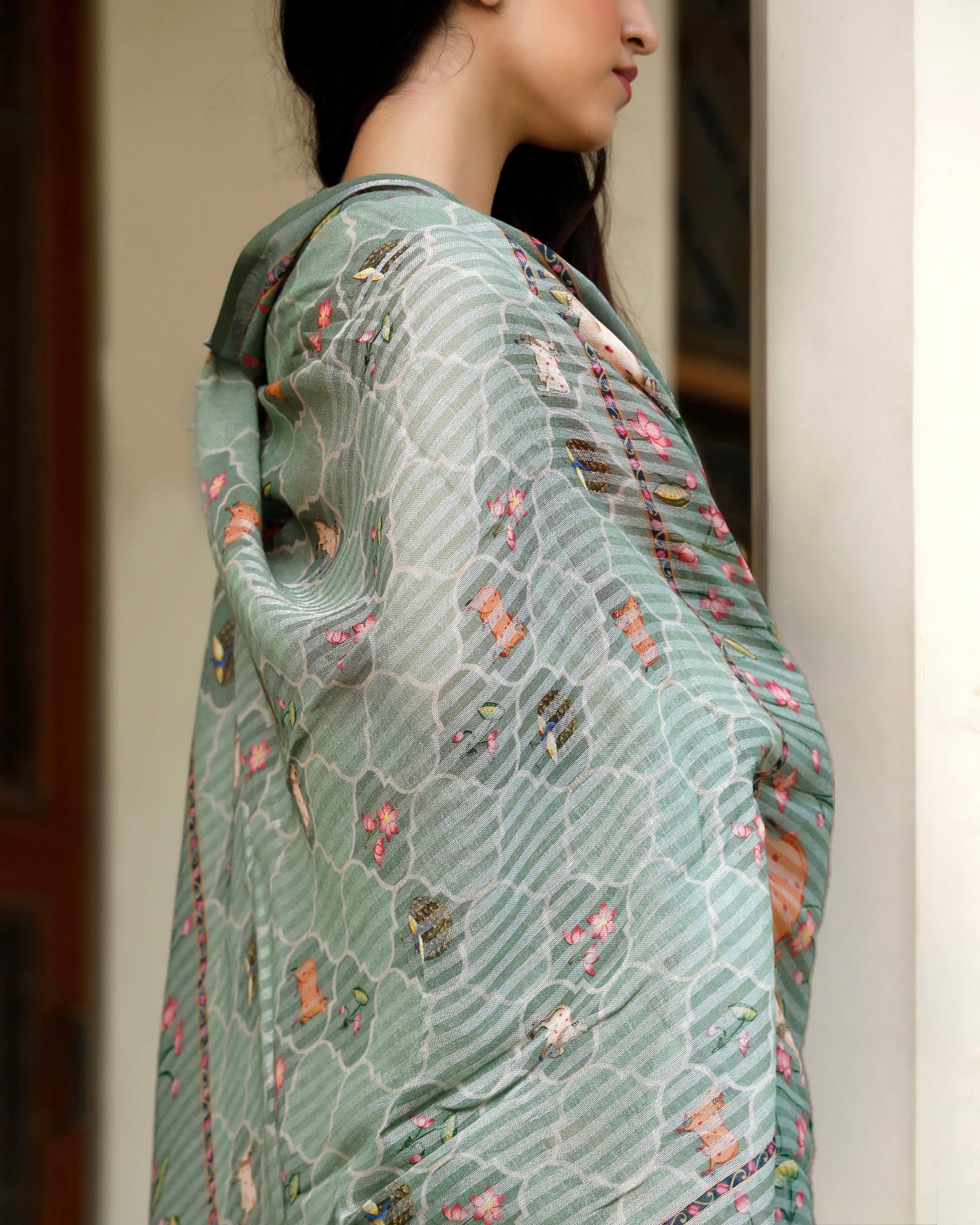 Leaf Green- Pichwai Art Linen Saree in Earthy Tones