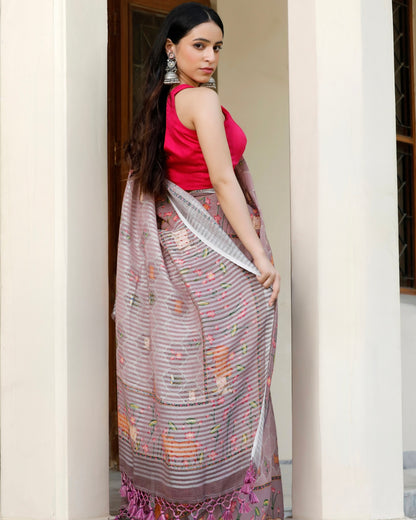 Muted Mauve - Pichwai Art Linen Saree in Earthy Tones