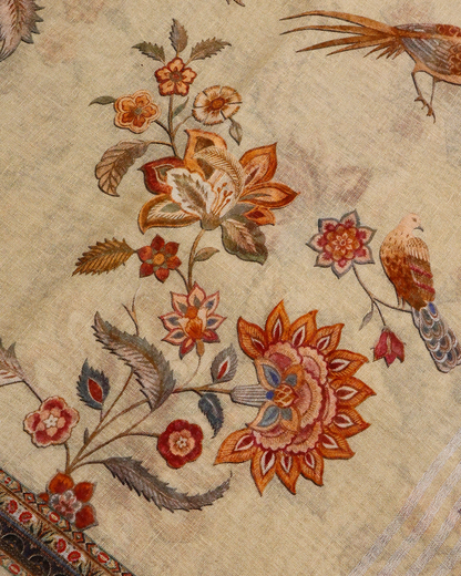Lemon Yellow - Floral Linen Saree in Soft Pastels
