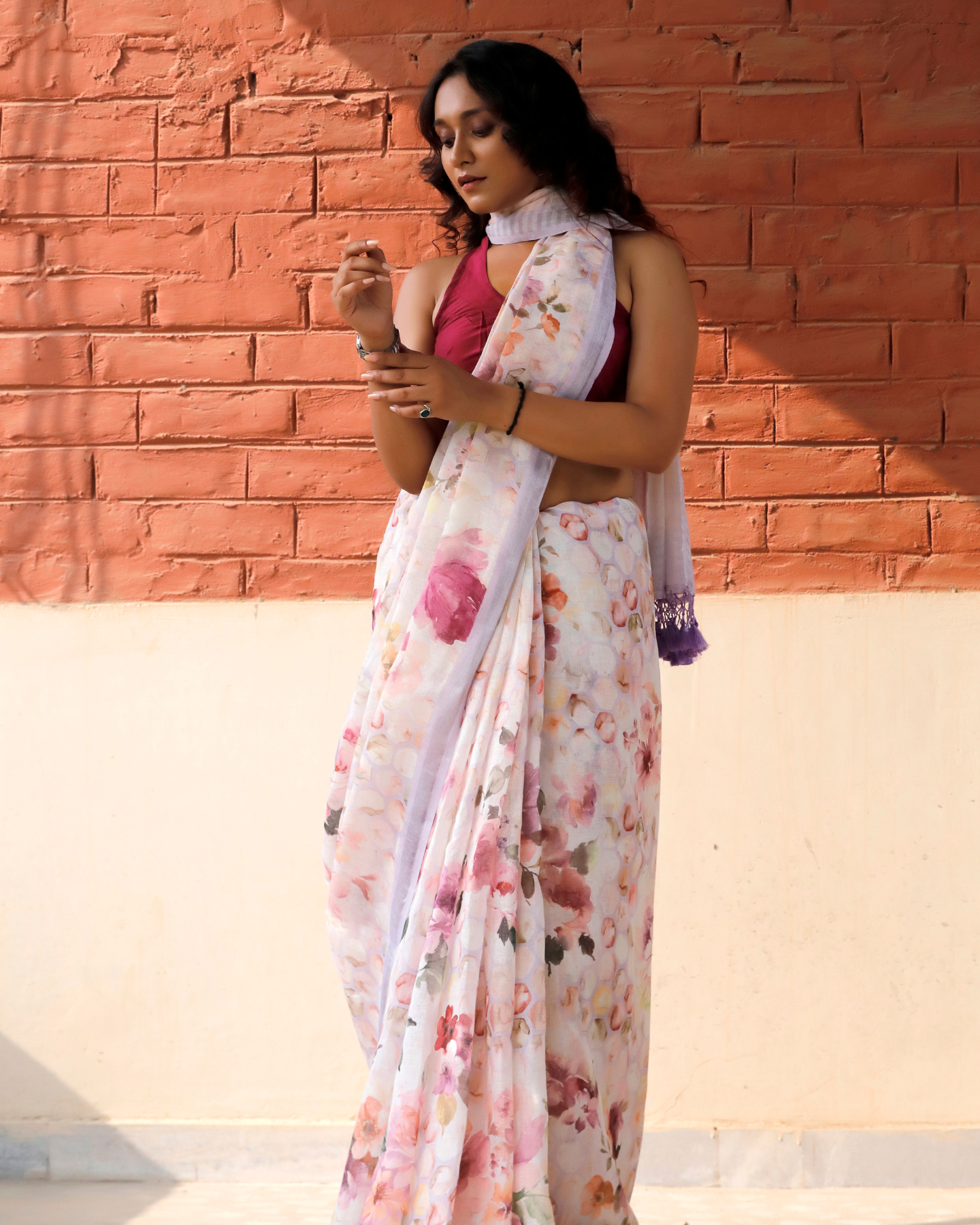 Lavender - Honeycomb Floral Linen Saree