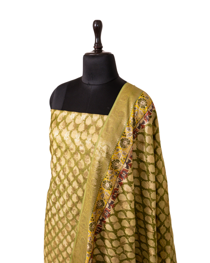 Mehendi Green Banarasi Chiniya Silk 3-Piece Suit Set with digital Print