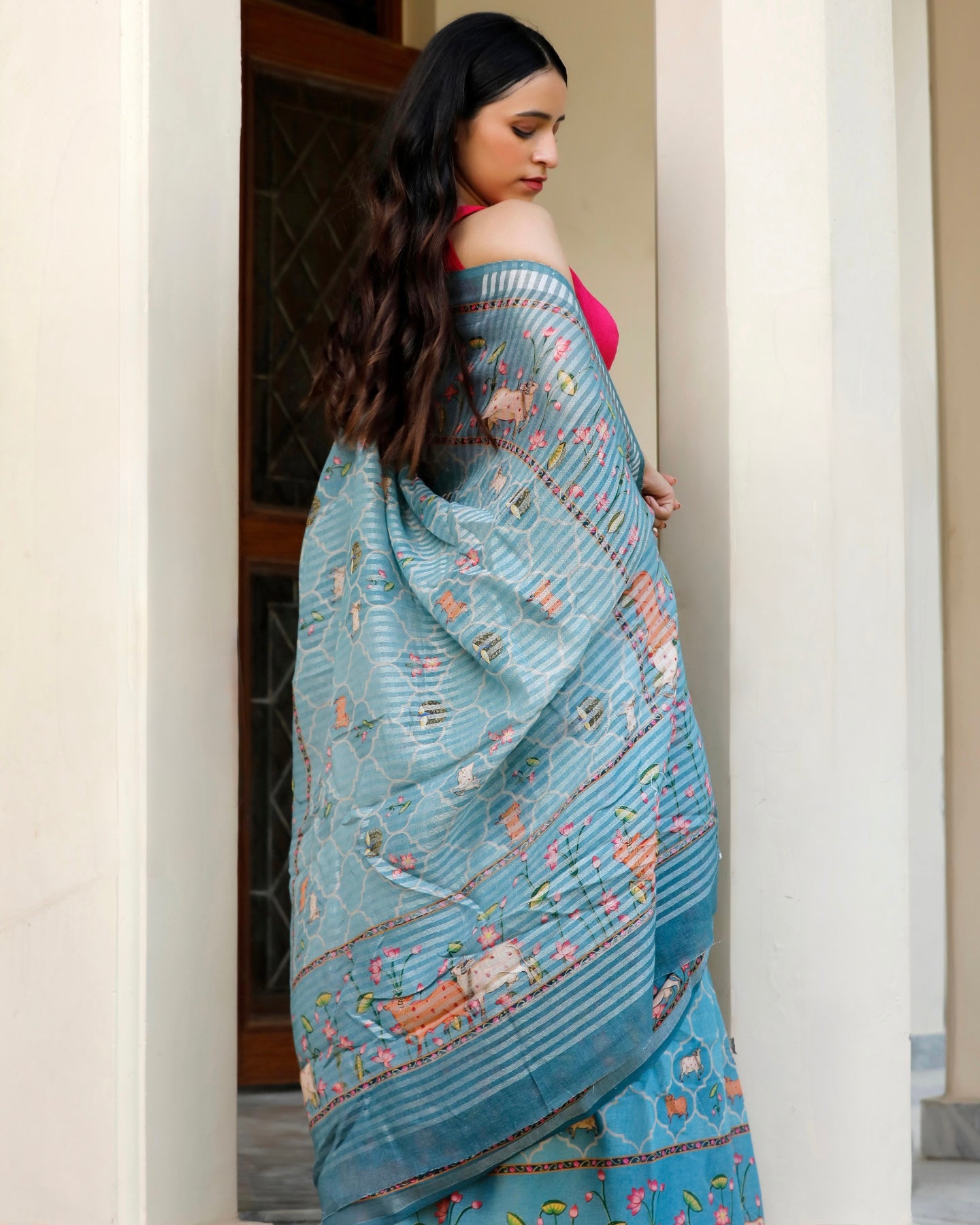 Sky Blue- Pichwai Art Linen Saree in Earthy Tones