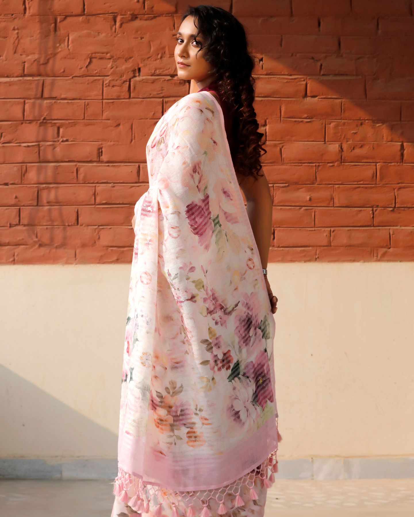 Baby Pink - Honeycomb Floral Linen Saree