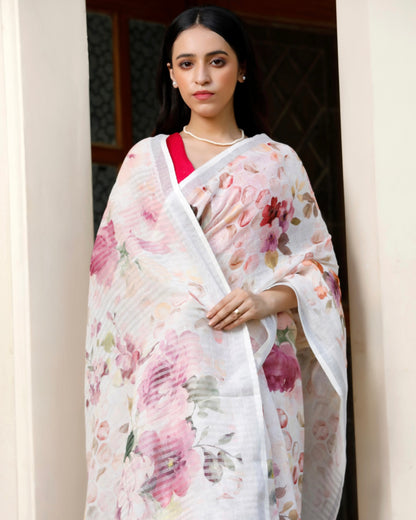 White - Honeycomb Floral Linen Saree