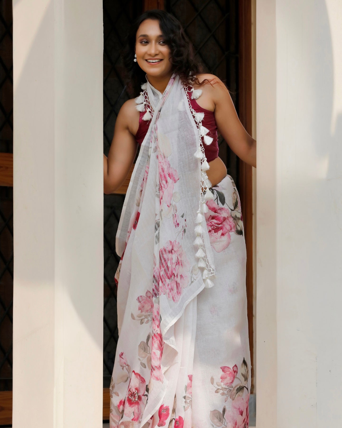 White - Pastel Floral Linen Saree