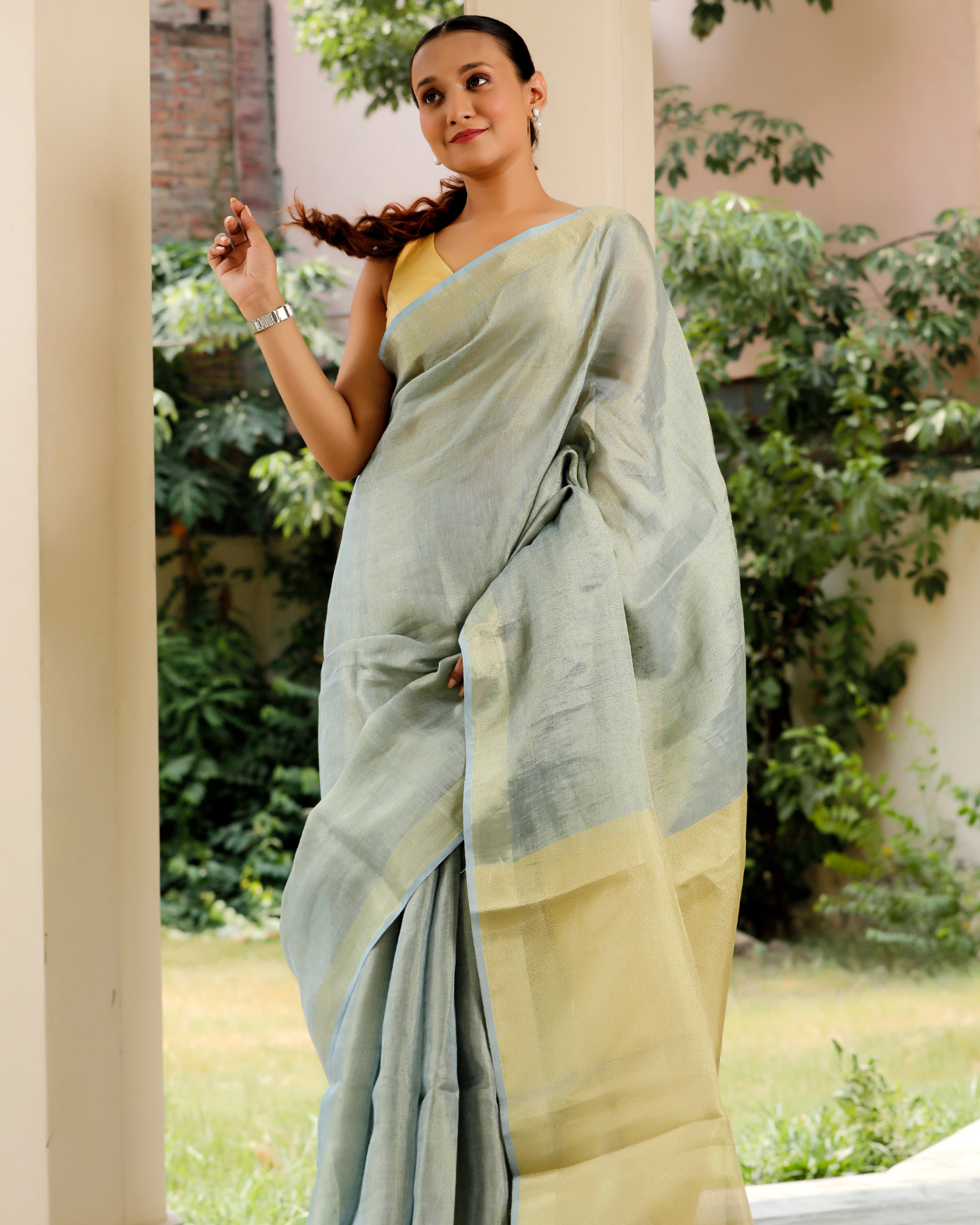 Blue Linen - Tissue Saree