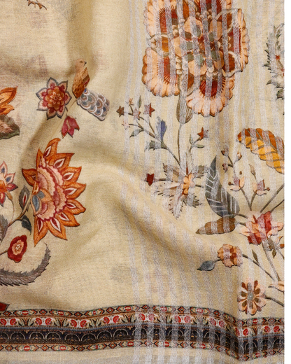 Lemon Yellow - Floral Linen Saree in Soft Pastels