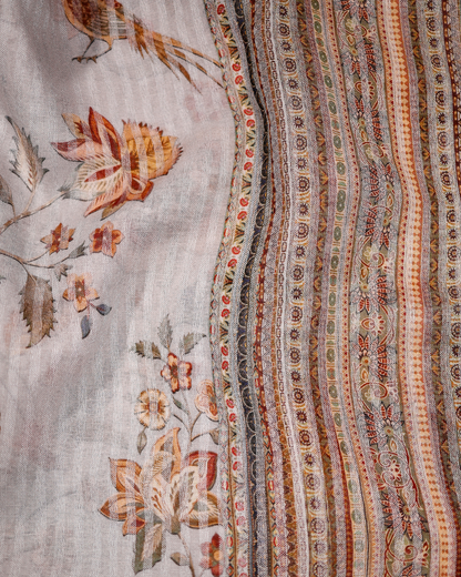 Gray - Floral Linen Saree in Soft Pastels
